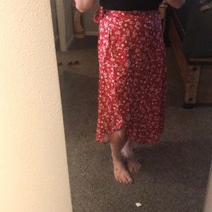 Red floral wrap midi skirt